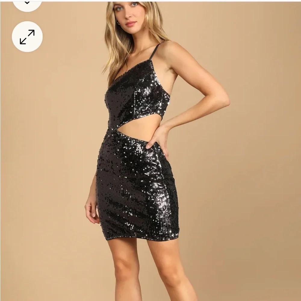 Lulus Sultry Soiree Black Sequin One-Shoulder Cutout Mini Dress Size Large - Picture 9 of 9